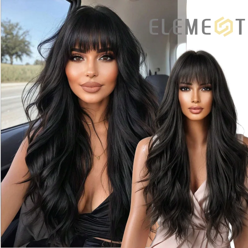 

Черный длинный волнистый синтетический парик Element с челкой и асимметричными кудрями для женщин, термостойкие волосы для повседневной вечеринки, косплея