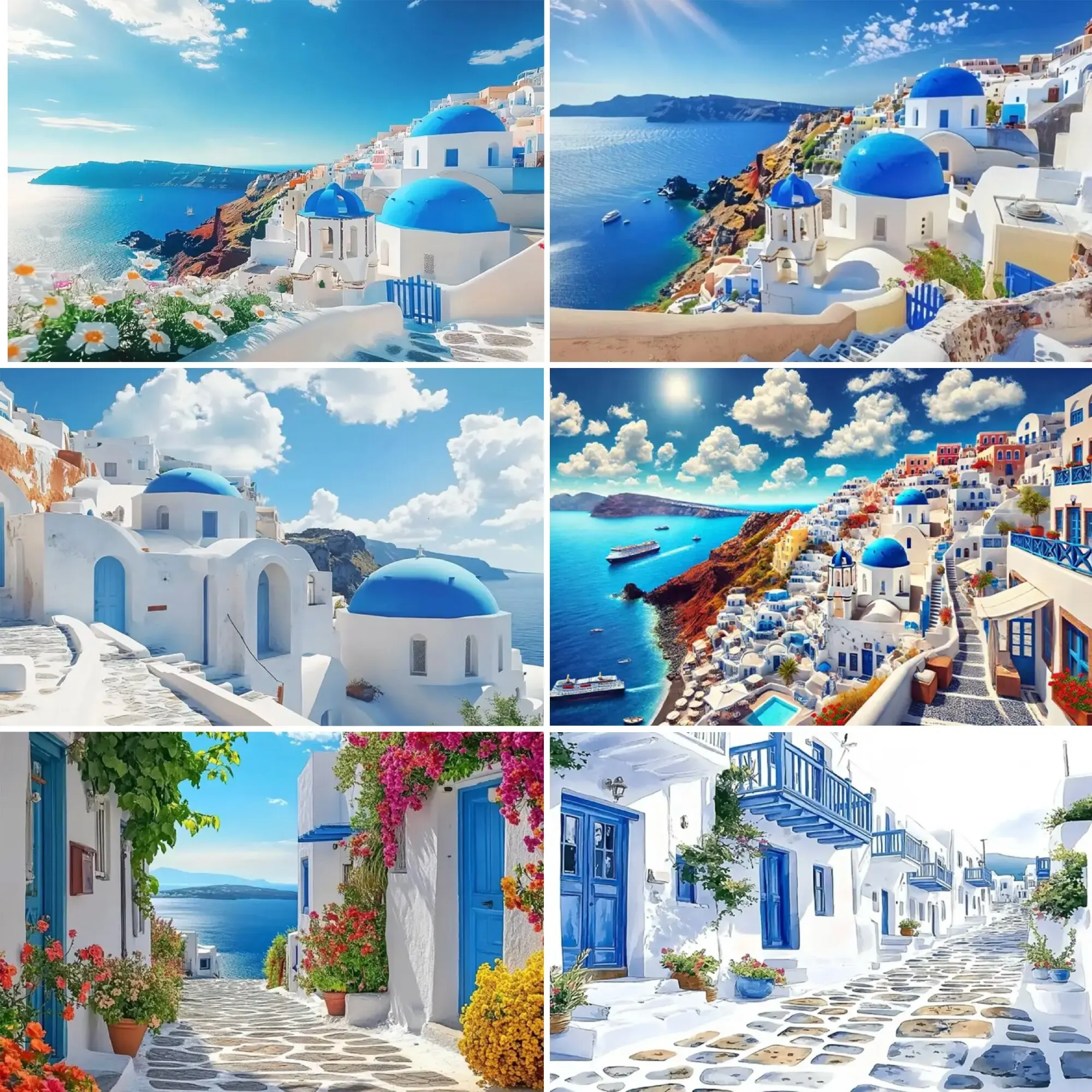 

Greek Scenery Santorini Lsland Nordic Seaside Town Blue Dome Church Aegean Sea vinyl Photography Background Room Home Decor