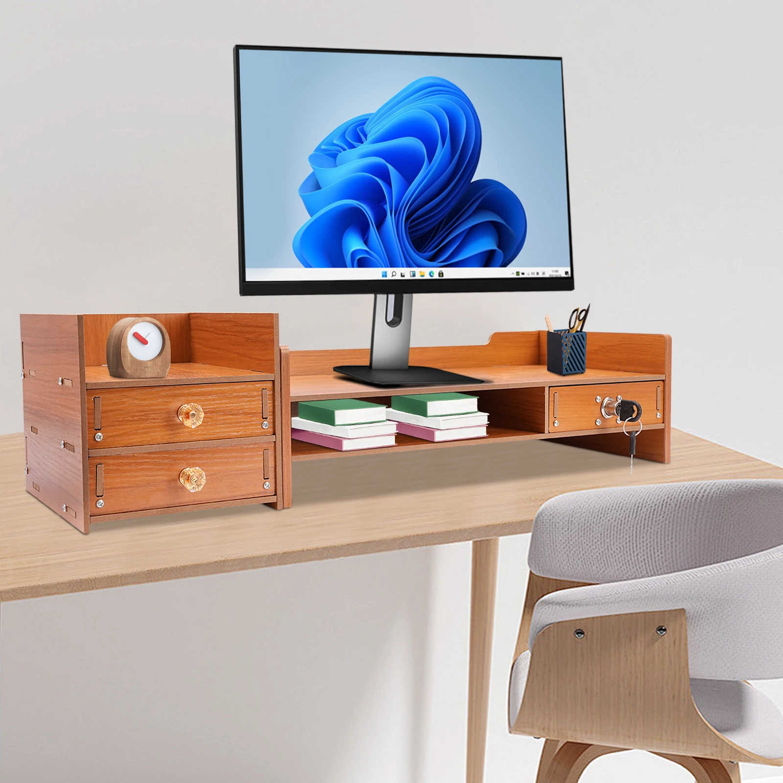 Computer Monitor Stand, Computer Rack with Drawers, Monitor Stand Home Office Desktop Storage Drawer