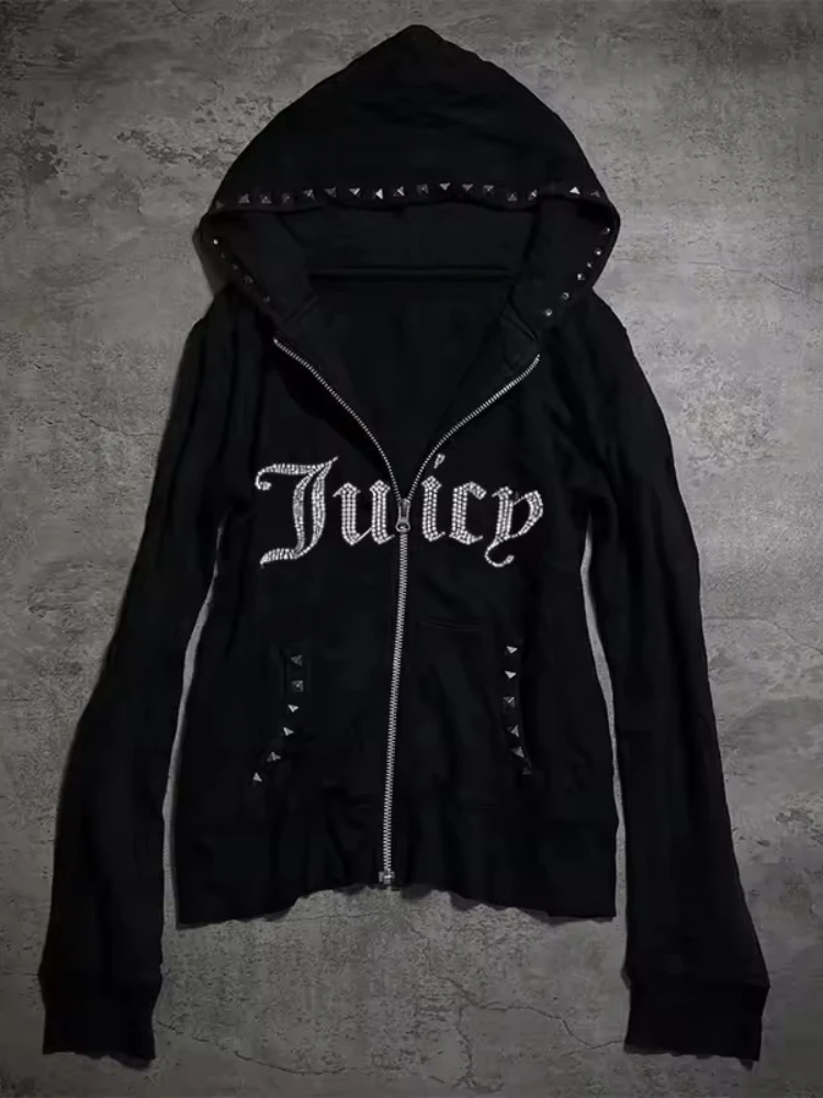 Zip Up Hoodie Men Vintage Streetwear Letter Rhinestone Design Plush Sweatshirt Retro Velvet Cardigan Jacket Casual New Fashion