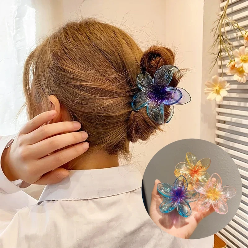 8cm Gradient Large Flower Hair Clip Women Sweet Hairpins Elegant Acrylic Hair Claws Crab Barrettes Hawaiian Hair Accessories