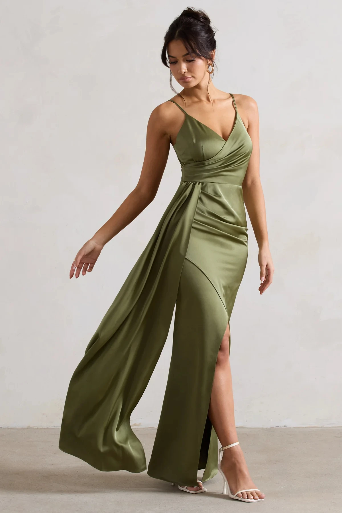 Olive Green Satin Evening Dresses V-Neck High Side Slit Spaghetti Strap Backless Mermaid Prom Party Evening Dress