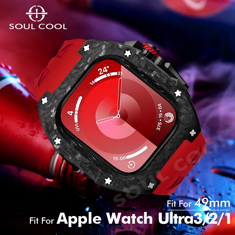

Soul Cool из углеродного волокна для Apple Watch Case Ultra 3/2/1 49 мм, ремешок из фторкаучука, комплект защиты iWatch Mod, роскошный аксессуар