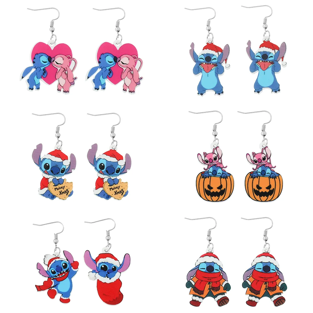 Disney Kawaii Christmas Stitch Earrings Anime Lilo & Stitch Cartoon Figure Stitch Angel Acrylic Badge Pendant Ear Drop Jewelry