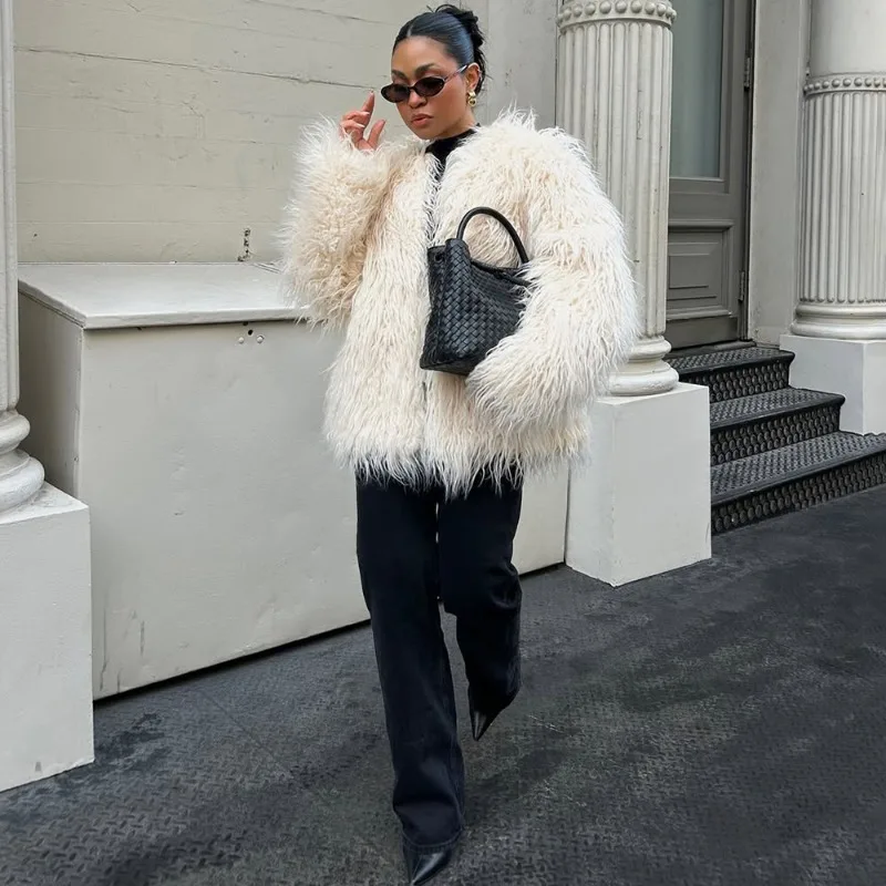 معطف فرو مزيف أنيق من Tuularose للنساء أنيق منفوش دافئ بأكمام طويلة سترة فضفاضة فاخرة للشتاء للسيدات ملابس خارجية للشارع اليومي