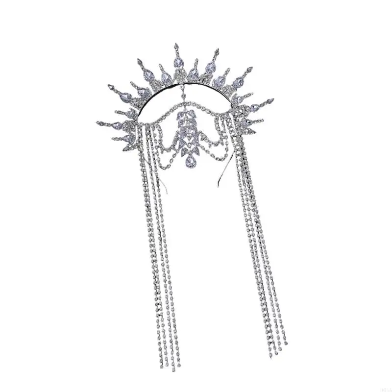 

Shimmering Rhinestones Crownpiece Tassels Chain Hairband for Women Stage Show 964A