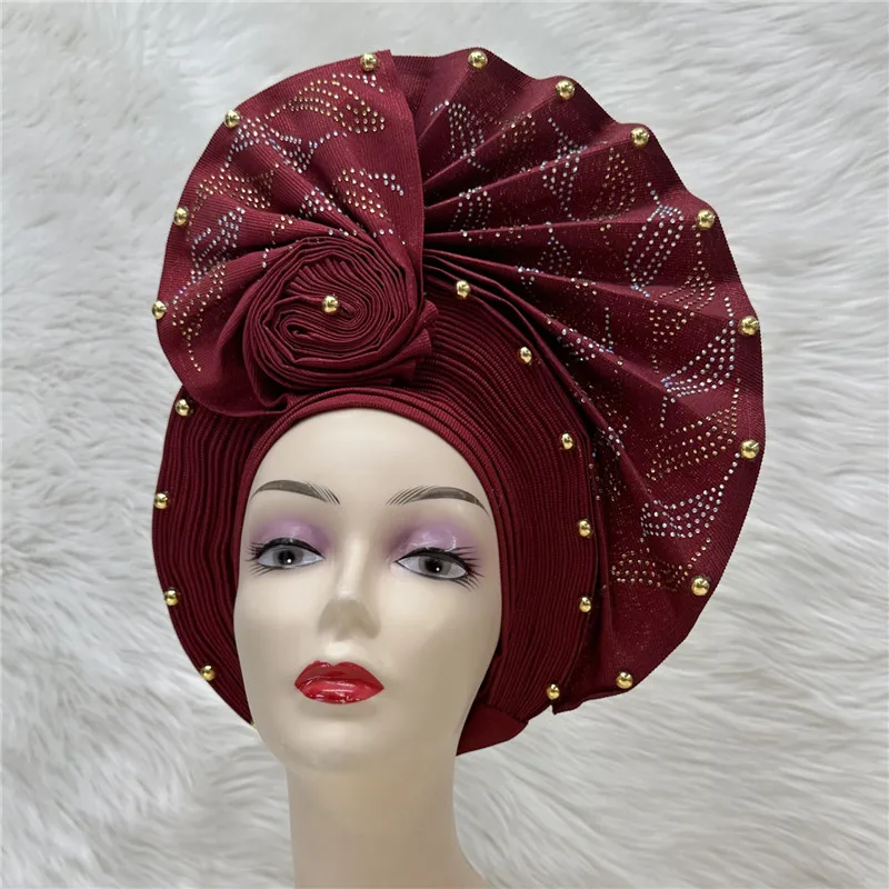 Nigerian gel headgear, with stone bead, already made auto, turban, afro aso ebi gel aso oke, wide brim headgear 7L111801