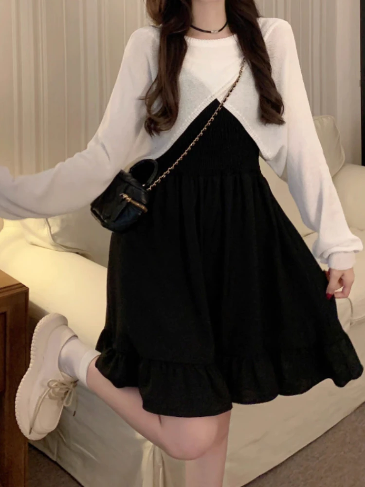 2 Pcs Sets Women Streetwear Black Mini Dress Knitted Long Sleeve T-shirts Daily Spring Fashion Simple Holiday Casual Ulzzang Ins