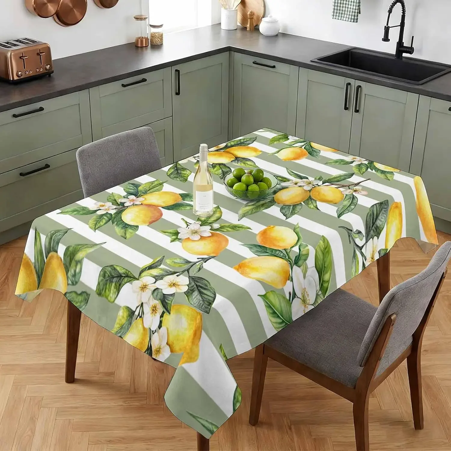 1Pc Lemon Floral Striped Tablecloth Green Yellow Fruit Print Table Cover For Kitchen Dining Room Decor Dustproof Rectangular