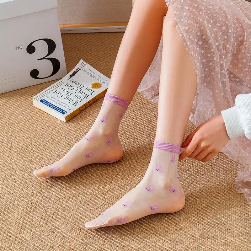 Women Summer Crew Socks Kawaii Cartoon Animal Fruit Bear Cat Strawberry Ultra-thin Crystal Silk Transparent Harajuku Cute Socks