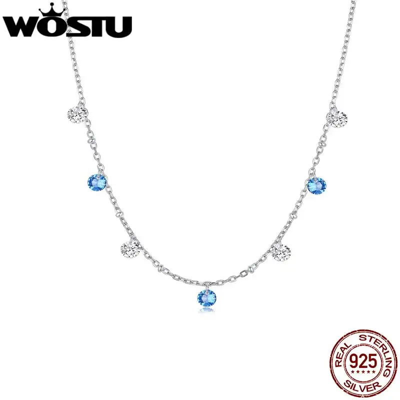 WOSTU 925 Silver Sapphire Blue Round Zircon Pendant Necklace For Women Wedding Jewelry Stackable Choker Links Party Gift