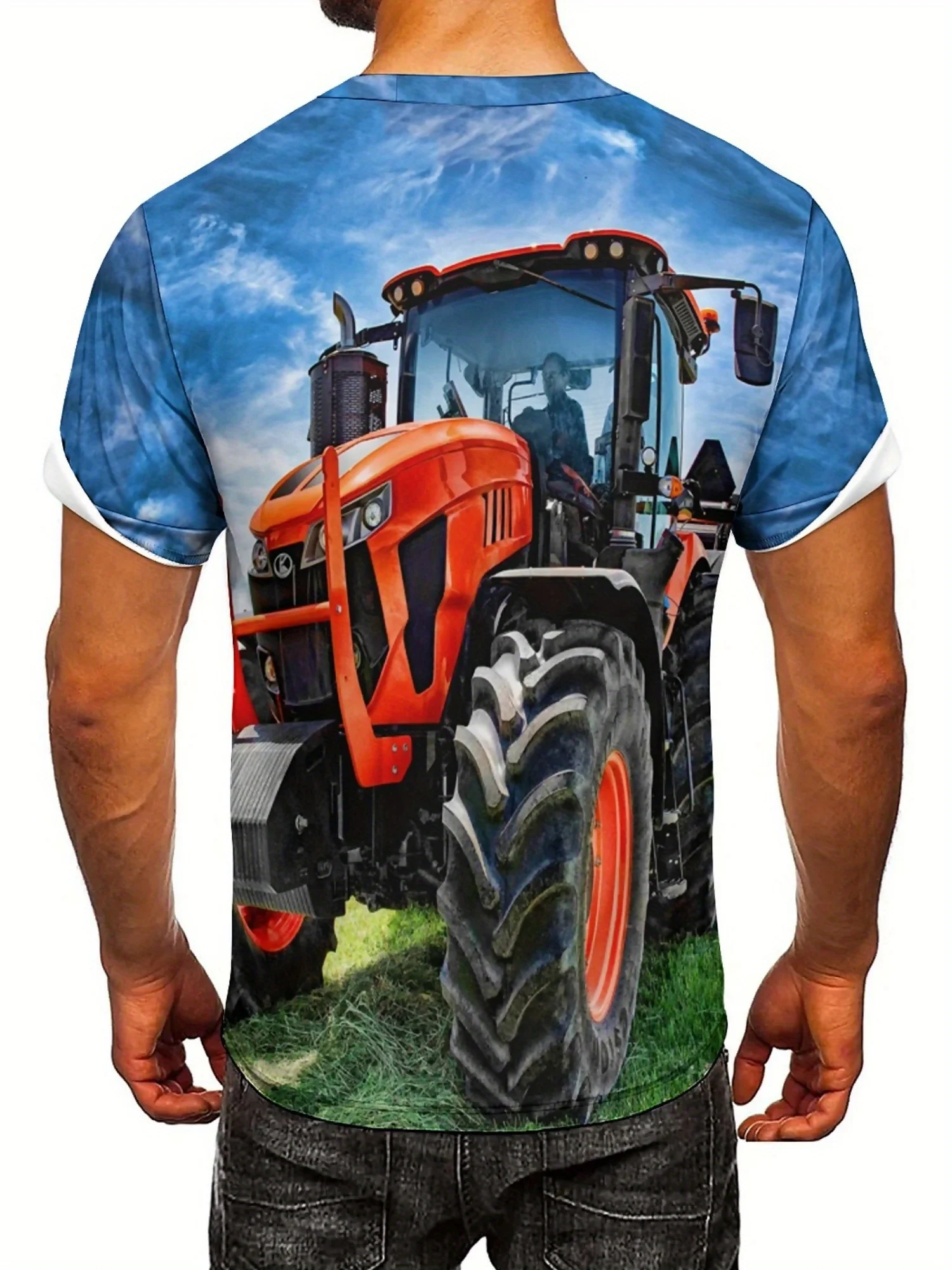 Camiseta masculina e feminina de manga curta com estampa 3D de trator agrícola – poliéster leve e respirável, conforto para todas as estações,
