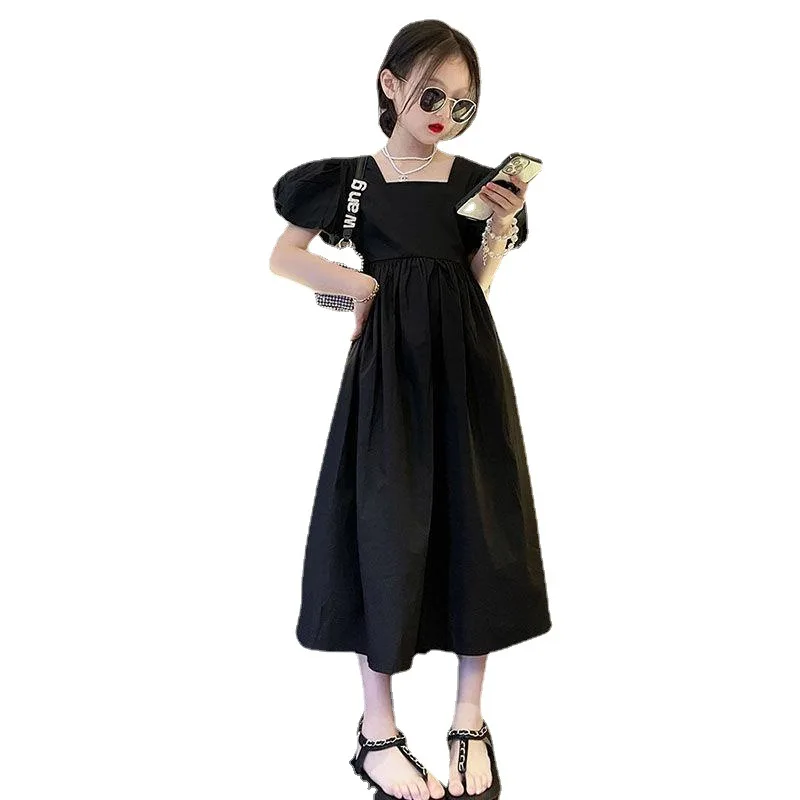 2023 NEW summer kids teenager Girls clothes black boat neck high waist long Backless dress baby fashion 5 6 7 8 9 10 11 12 year