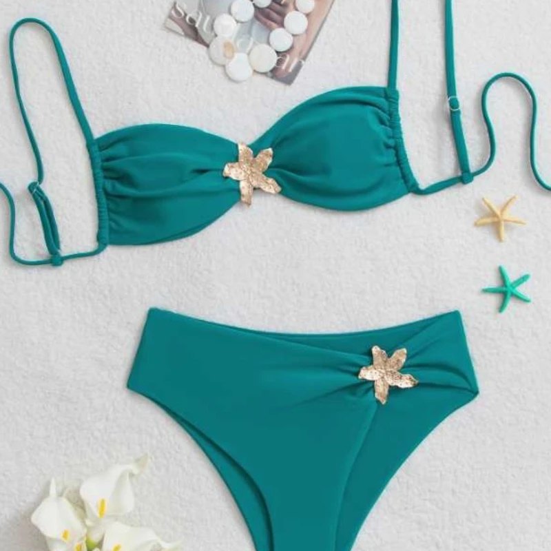 

Women's New Teal Bikini Set with Metallic Accents Sexy Bandeau High Waist Two Piece Swimwear for Beach Vacation