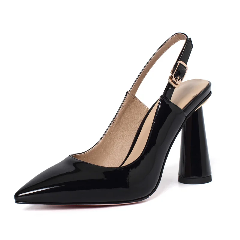 

Genuine Patent Leather Women Slingbacks High Heels SmallHut Spring Black White Pointed Toe Pumps Round Heel Buckle Party Shoes