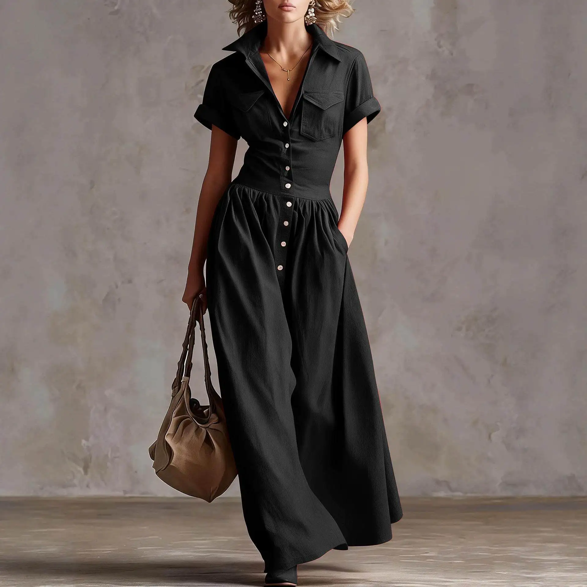 

Fashionable Pure Color Western Style Long Dress Short Sleeve Women's Dress New Summer 2026 Cross-Border Elegant Gown