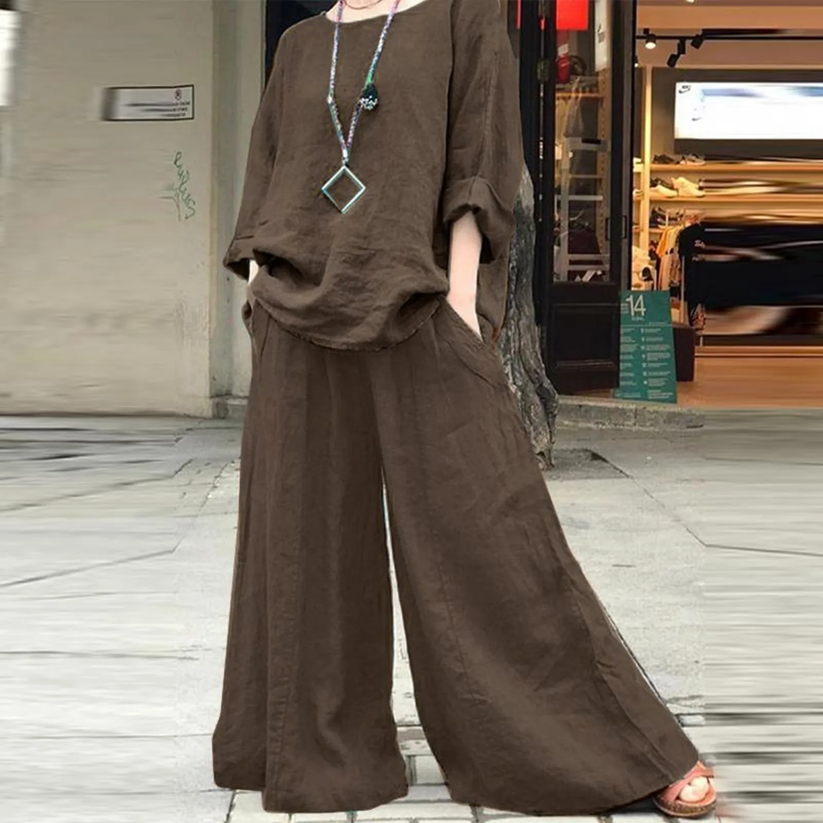 2024 New Matching Collection Women's Fashion Casual Loose Solid Cotton Linen Shirt Long Sleeve Trouser Set Two Piece Sets