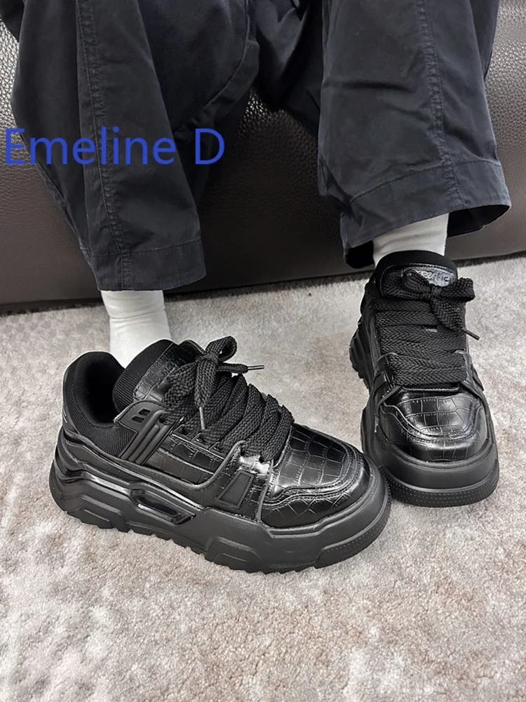 Thick Soled Lace Up Board Shoes Fashionable Black Simple Round Toe Height Increasing Casual Sports Style Versatile Flat Shoes