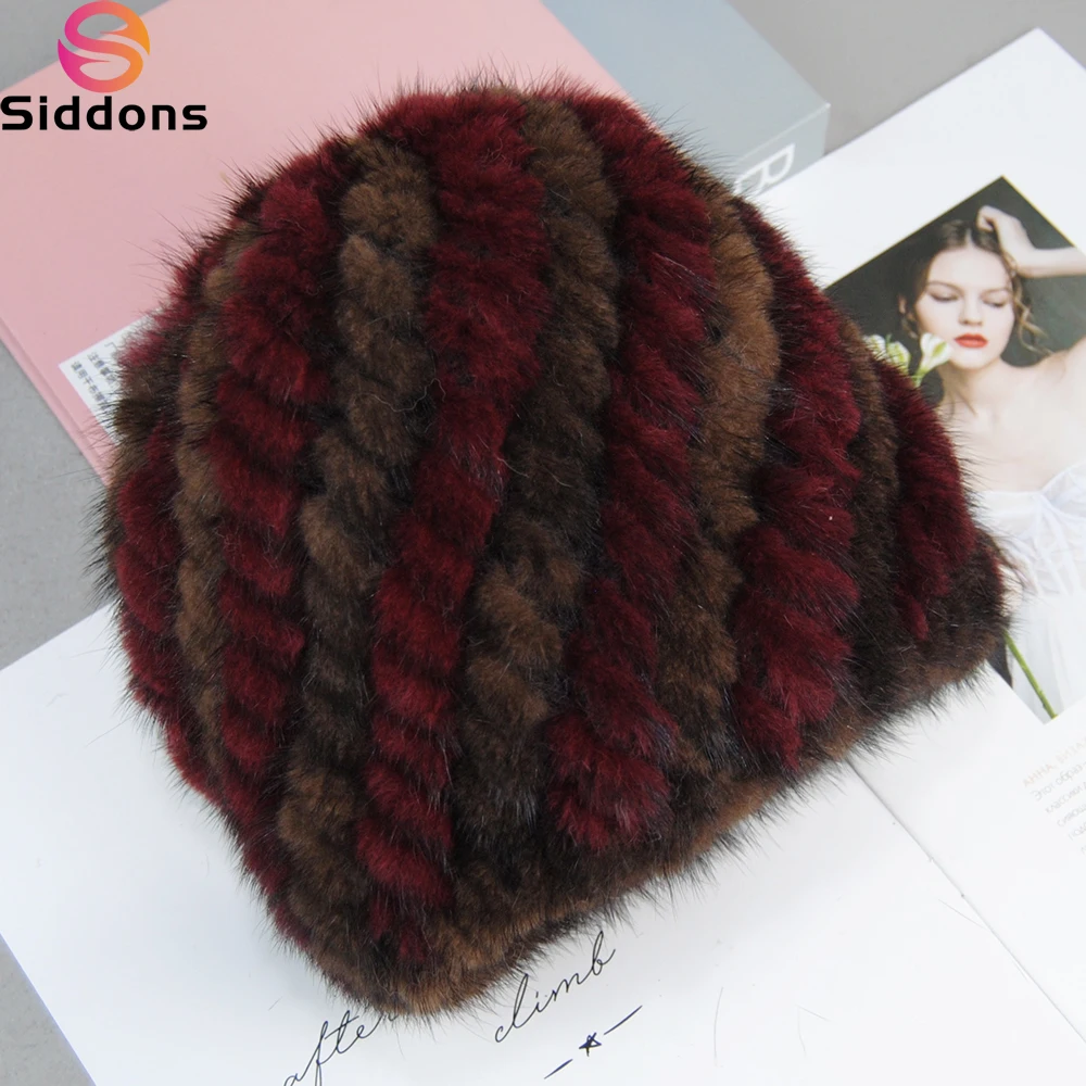 

2024 New Style fashion Genuine real natural women's knitted Mink Fur Hat hand made knit Fashion Winter Headgear Berets cap