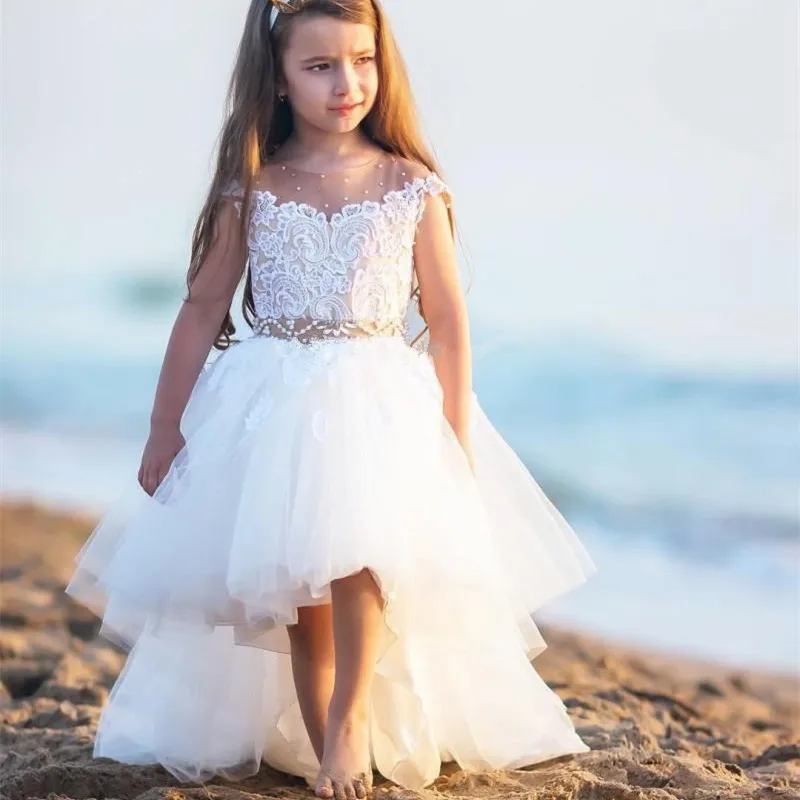 

High Low Flower Girls Dresses For Wedding Sheer Neck Cap Sleeves Lace Pearls Tulle Backless Toddler Holiday Birthday Party Dress