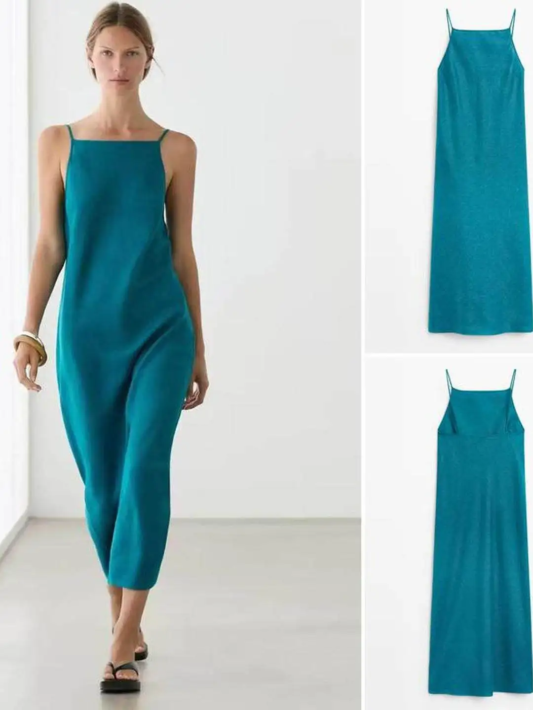 Summer 2026 New Holiday Style Straight Collar Strap Dress Midi Length Backless Gown Soft Chiffon Fabric Ladies Daily Wear