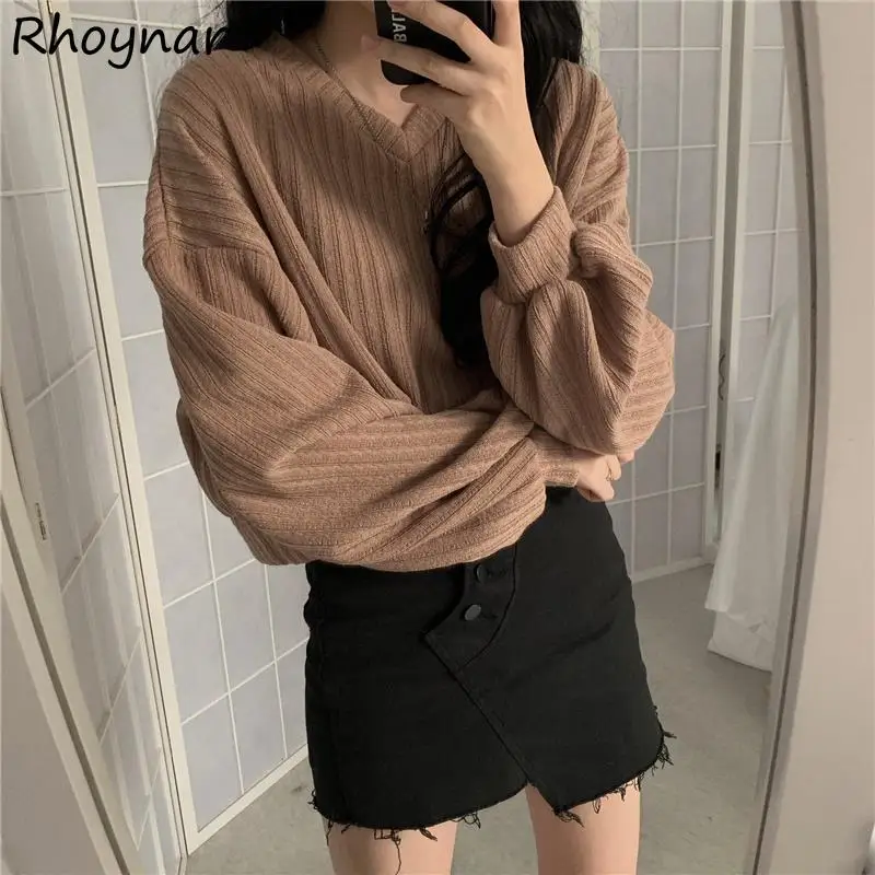 

Pullovers Women V-neck Long Puff Sleeve Knitted Solid All-match Tender Elegant Lazy Loose Spring Autumn Vintage Casual Street