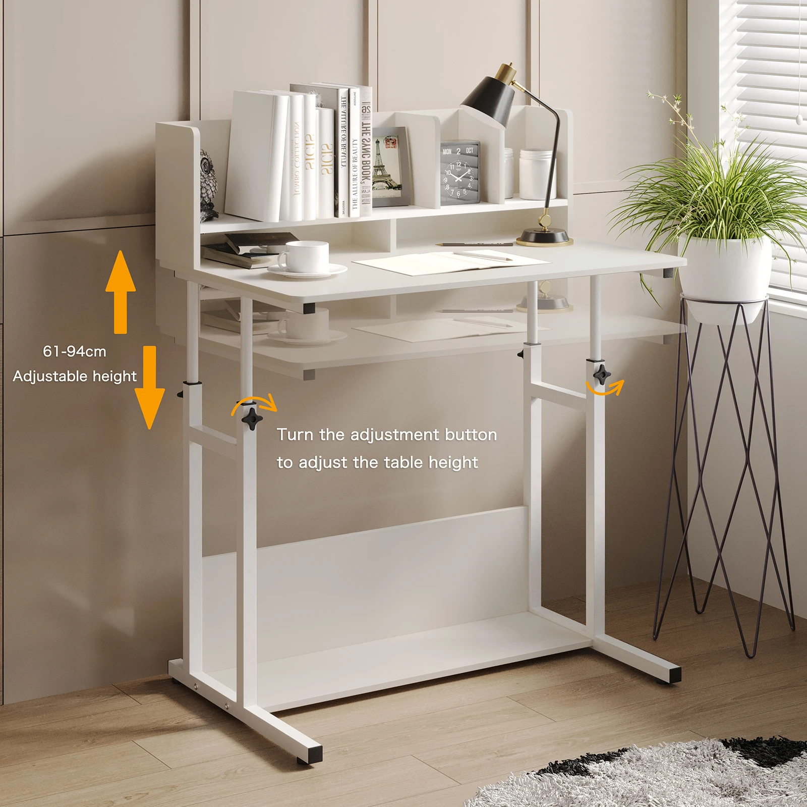 AnneFish Large Liftable Bedside Study Computer Desk with Lower Storage Rack with Wheels Removable Table