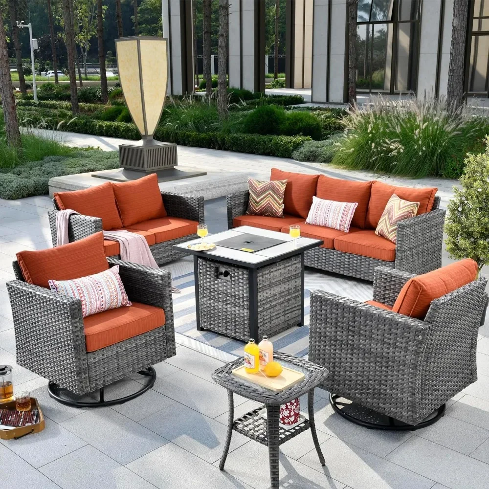 Outdoor Sofa Set of 6 with Rocking Swivel Chairs, Loveseat, Square Fire Pit Table, Patio Furniture Set