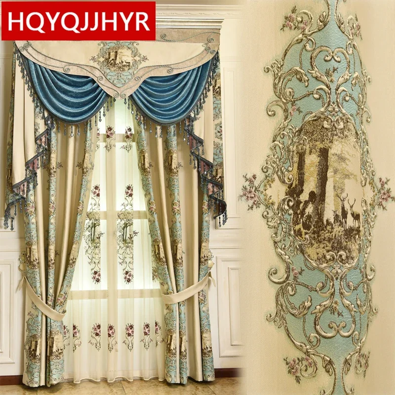 Top luxury jacquard 3D deer pattern curtains for living room with high quality embroidered tulle for bedroom/kitchen/hotel