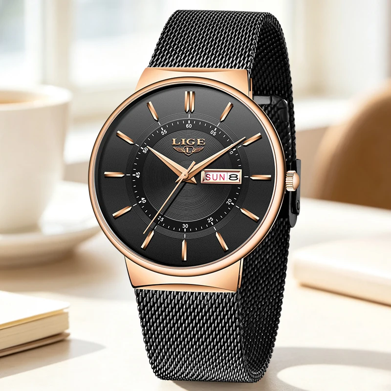 Relojes LIGE para mujer, marca de lujo, reloj de cuarzo ultrafino con calendario semanal, reloj de malla de acero inoxidable resistente al agua para mujer, Reloj para mujer + caja