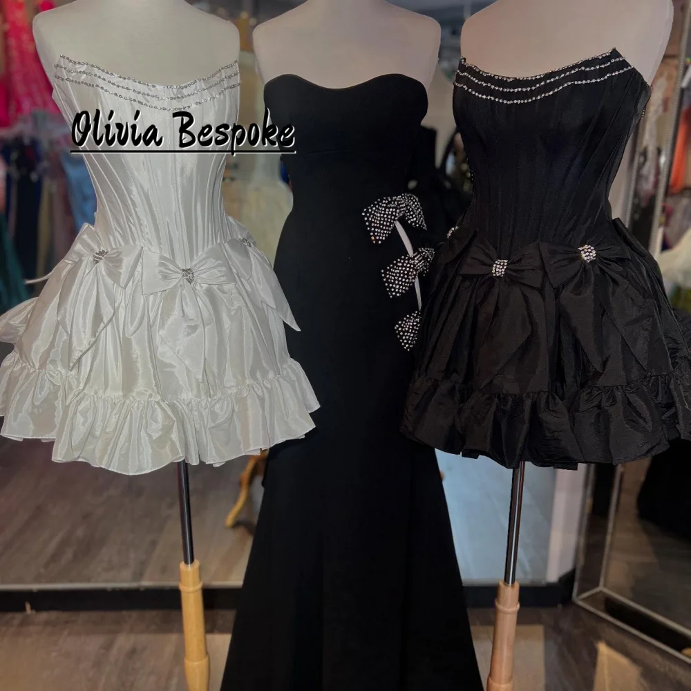 White Satin Mini Birthday Party Dresses Little Black Dress Strapless Cocktail Dress Graduation Bow Night Party Gown Customized