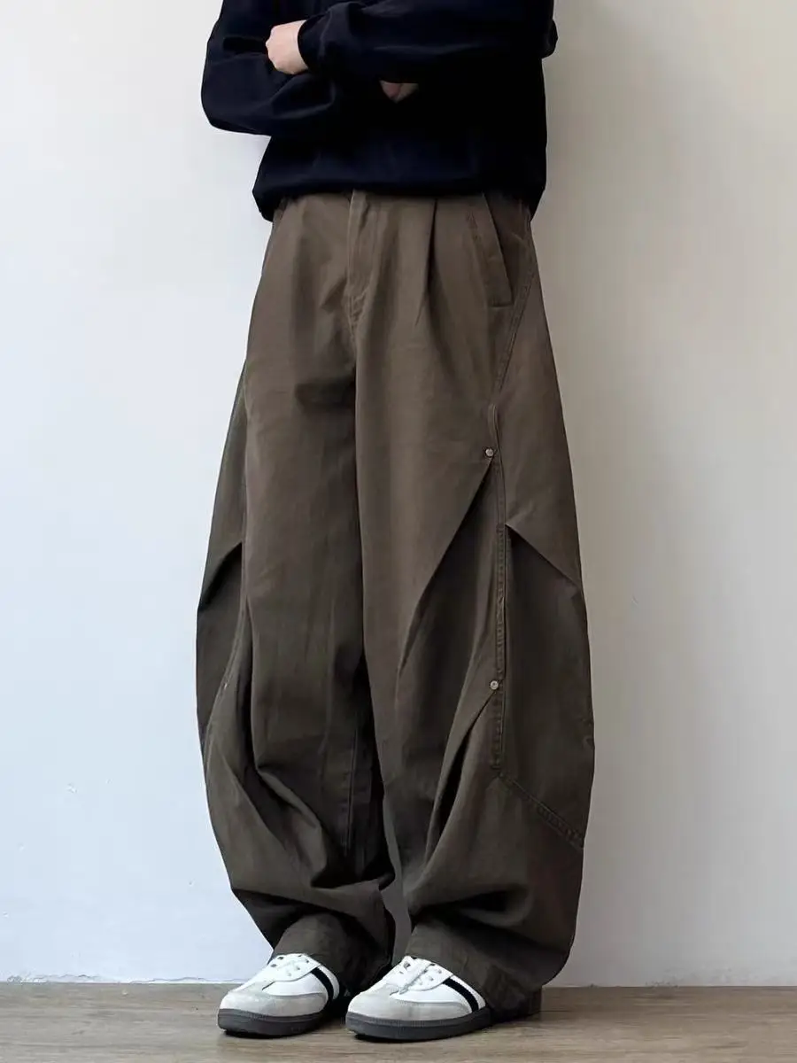 

Retro Japanese Sle Wide Leg Workwear Pants Men Women Spring Autumn Rivet Pleated Loose Casual Straight Tube Long Trousers