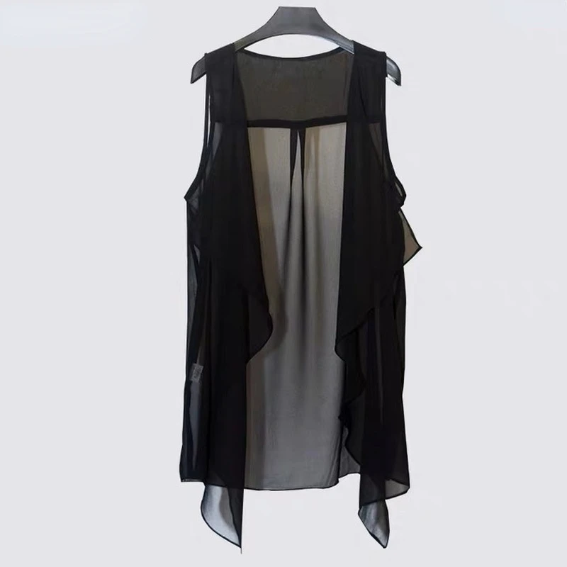 Chiffon Vests Women Holiday Street Solid Black Sweet Thin Summer All-match Fairy Outerwear Sexy Long Draped Open Stitch Vintage