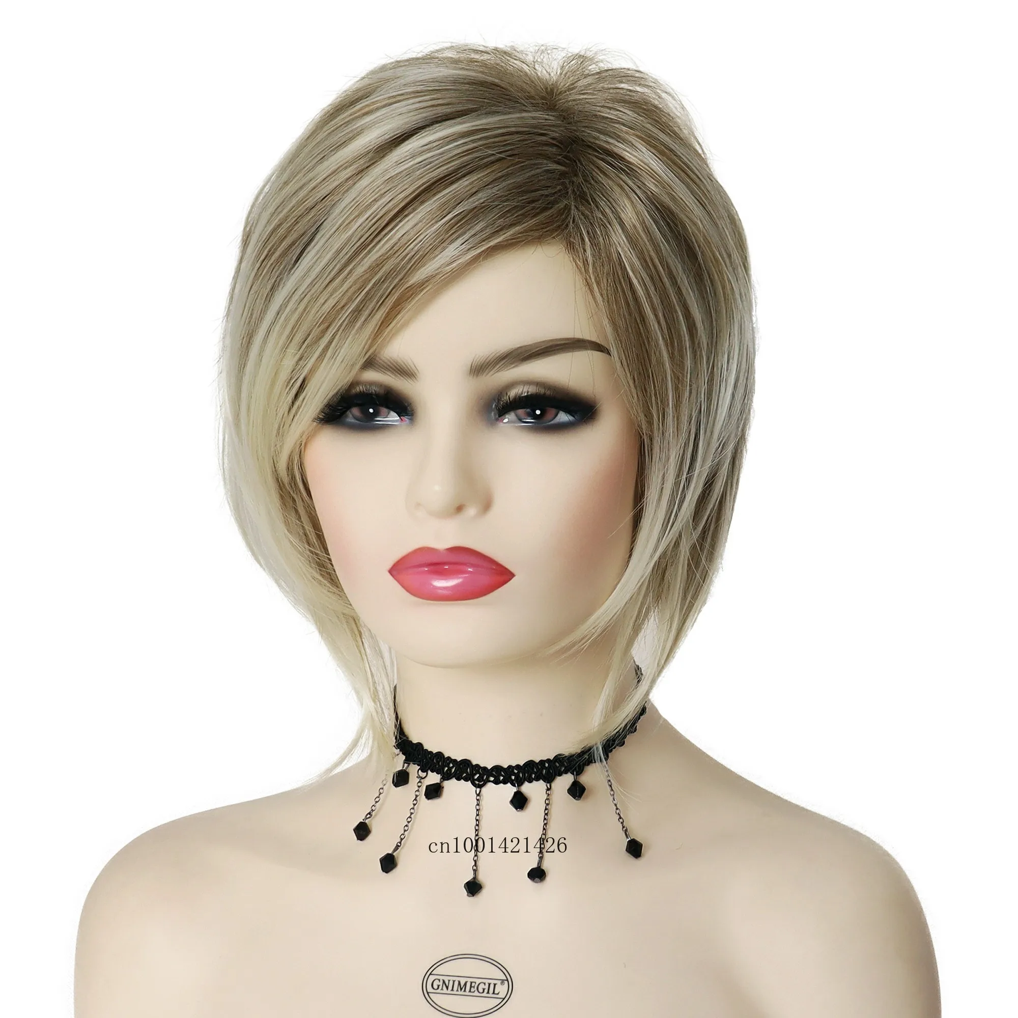 Syntetyczne peruki do włosów dla kobiet Ombre Blond Peruka z grzywką Krótkie fryzury Bob Naturalne fryzury Bobo Peruka dla mamy Kostium starej damy
