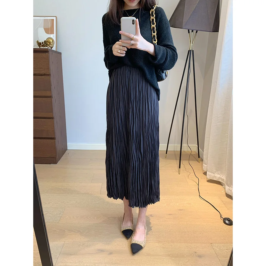 

Потрясающая коврик, плиссированная юбка-миди с высокой талией, драпированная утягивающая юбка трапециевидной формы для женщин, чистый цвет, осень 2023, осень