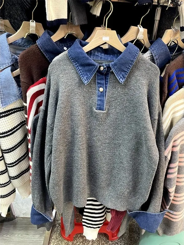 

Loose Ne Knitted Sweater Denim Patchwork Fake Two-Piece ex Autumn Winter Casual Sle Polyester Fiber Long Sve