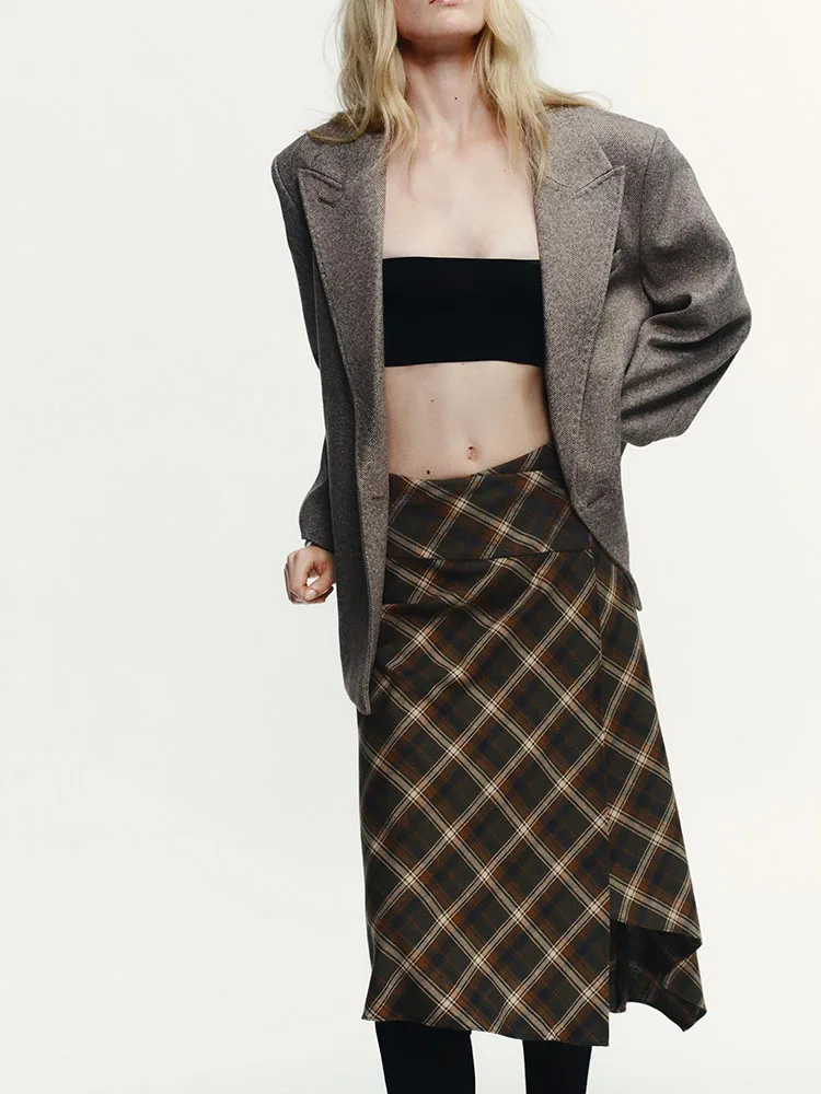 

Высококачественная женская юбка-миди ZA2025, новая зима, асимметричный клетчатый дизайн со средней талией, уникальный женский модный тренд 2025