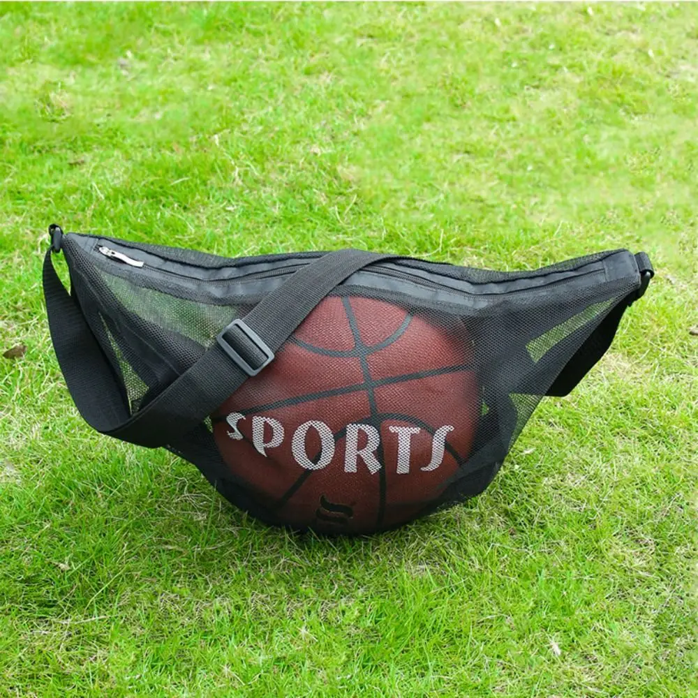 Bolsa de malha de basquete ajustável, tecido de malha, bolso com zíper, bolsa de bola crossbody, ombro único, estojo de armazenamento de futebol