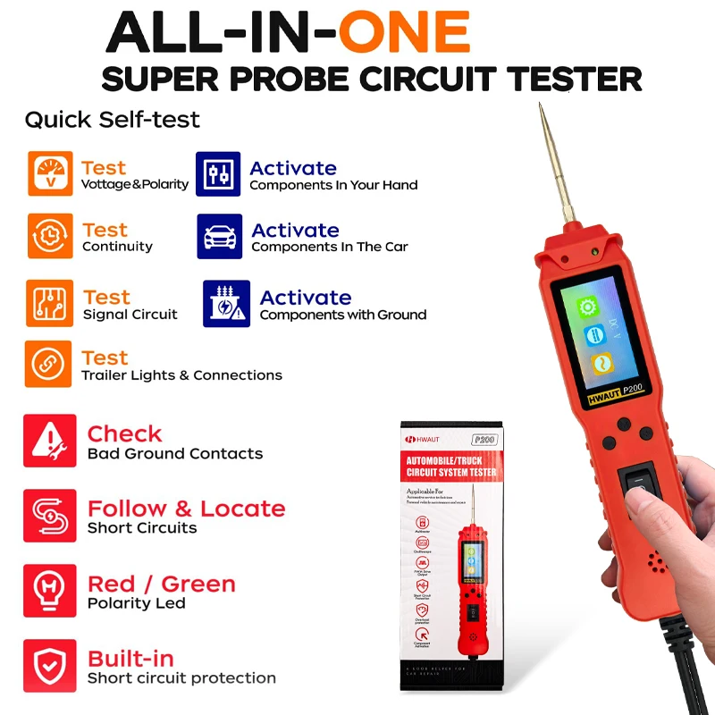 

HWAUT P200 Powerprobe Автомобильный комплект зондов питания 12 В/24 В Диагностический инструмент Осциллограф ШИМ-выход Защита от перегрузки