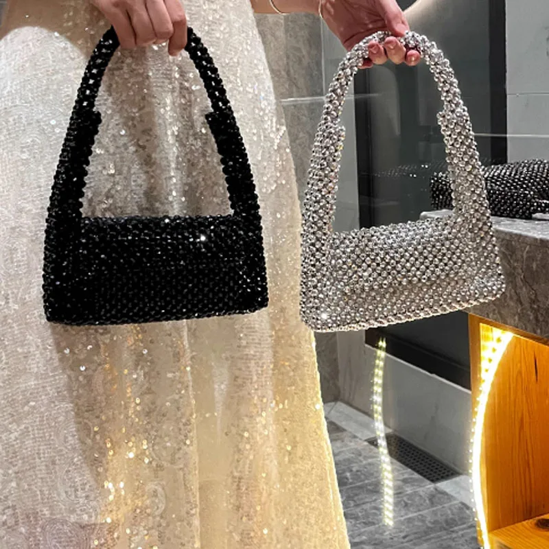 Silver Beaded Women Bag Fashion Hollow Woven Underarm Bag High Quality Flip Shoulder Bag Women Handbag