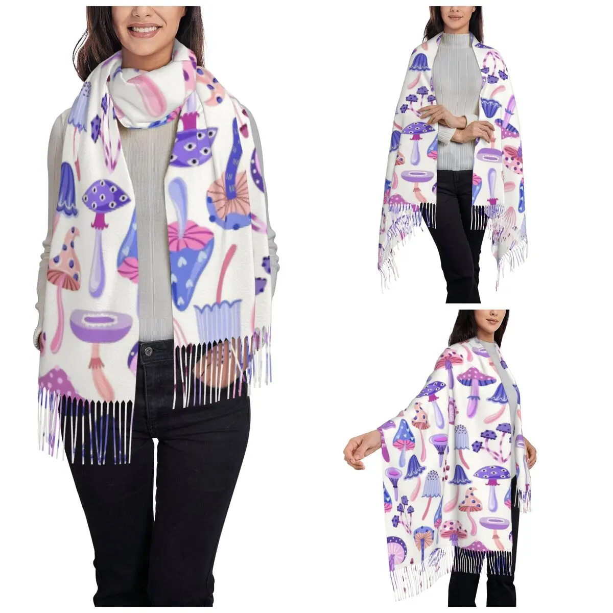 Colorful Mushrooms Shawls Wraps Women Winter Warm Single-sided Pattern Scarf Neckerchief Shawl Scarves