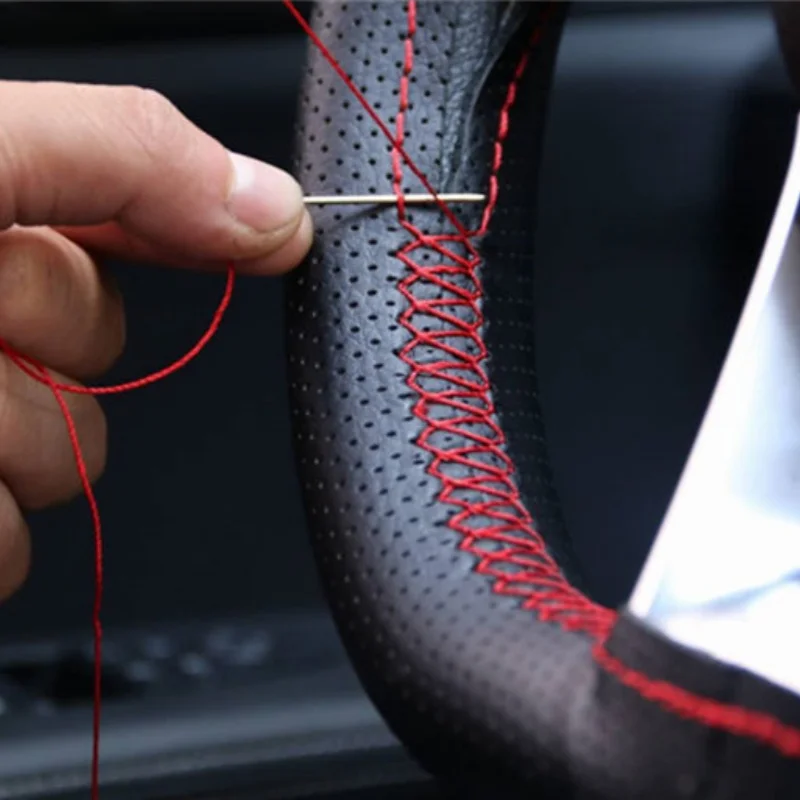 

Genuine Leather Car Steering Wheel Cover with Needles Thread DIY Braid 37-38cm Anti-Slip Cowhide Steer-Wheel Protector