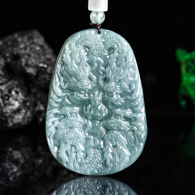 Authentic Natural A-grade Jadeite Blue Water Nine Dragon Guardian Zodiac Jade Pendant High-end Men's Women's Gift Charms Jewelry