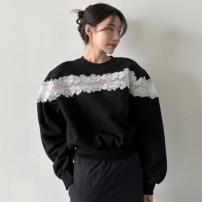 

Clothland Women Sweet Lace Patchwork Sweatshirt O Neck Long Sleeve Pullover Cute Female Fashion Tops Blusa Mujer HA551