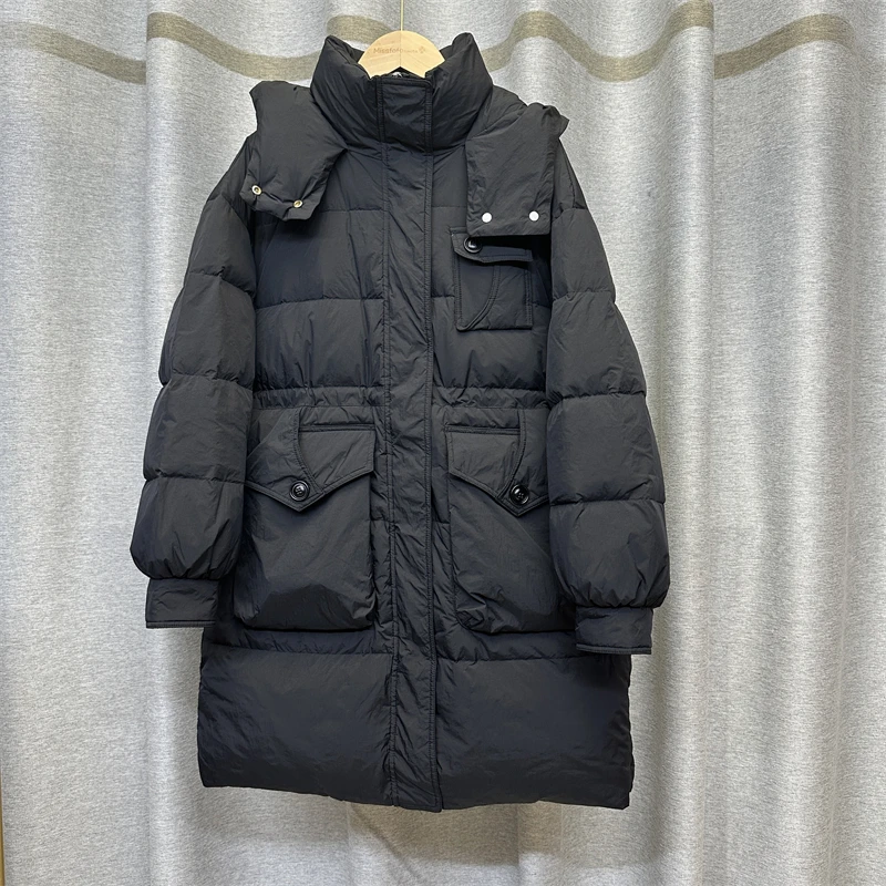 Zimowa ciepła kurtka puchowa damska do połowy łydki z kapturem, z białego puchu kaczego, z wieloma kieszeniami, parka, odzież wierzchnia damska, zapinana na zamek, gruba, luźna kurtka.