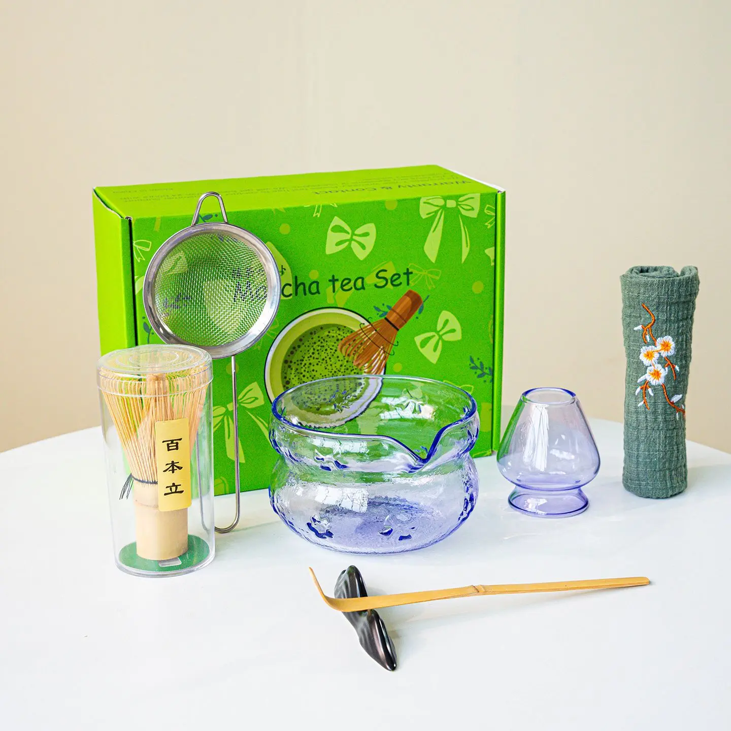 

4/5/7/8pcs Glass Matcha Tea Set Transparent Borosilicate Pink Japanese Gift Box Set Matcha Bowl Matcha Whisk Set