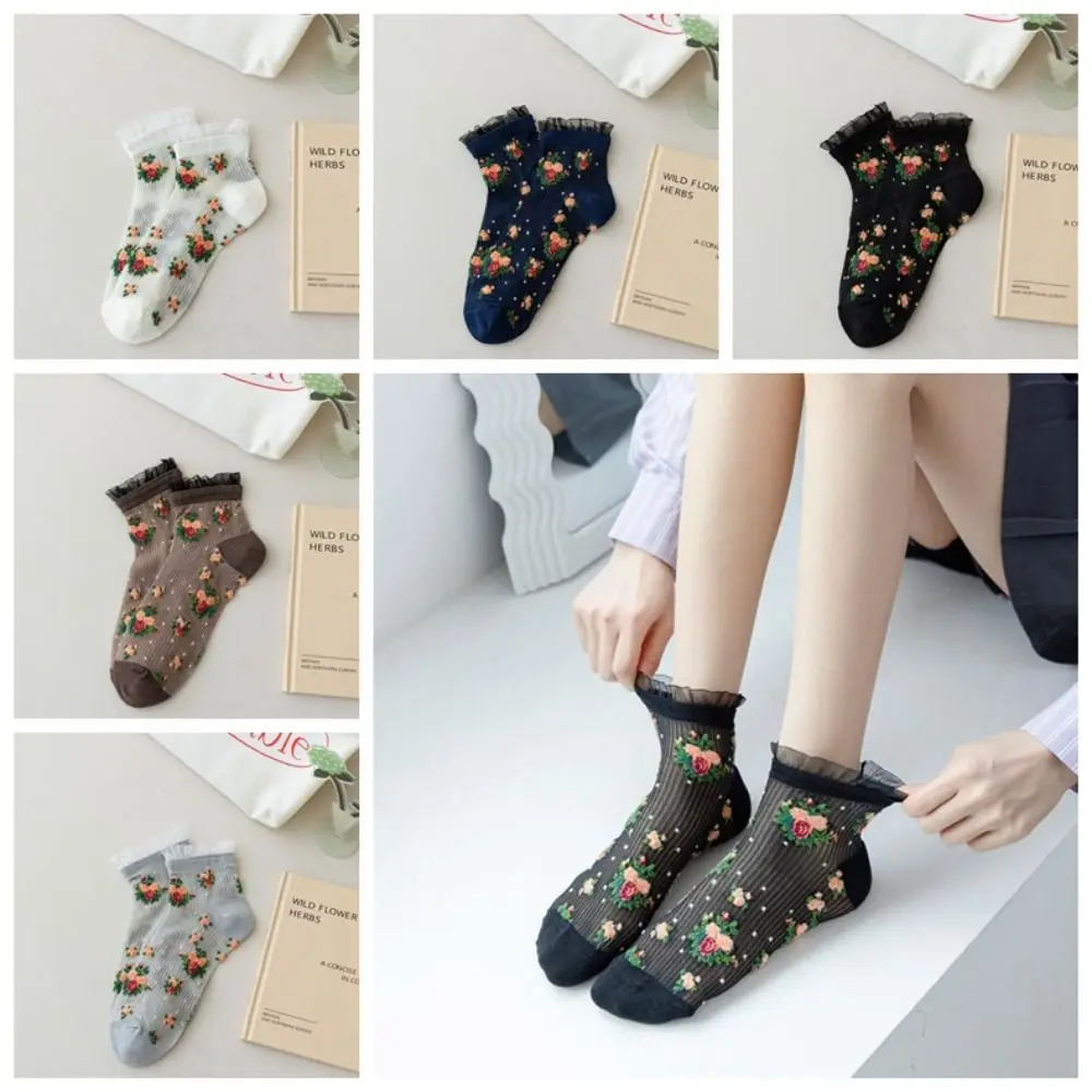 Floral Element Crystal Silk Socks Anti-Friction Foot Sweat Absorbing Transparent Ankle Socks Ultra-thin Breathable