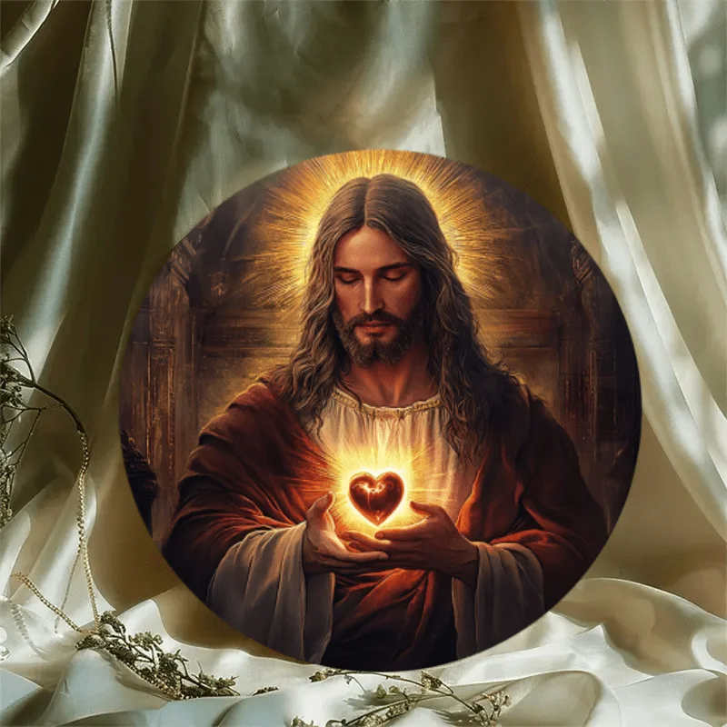2D flach, 1 Stück Holz Heiliger Jesus hält das Heilige Herz kreisförmiges Logo – Zuhause, Café, multifunktionale Wanddekoration