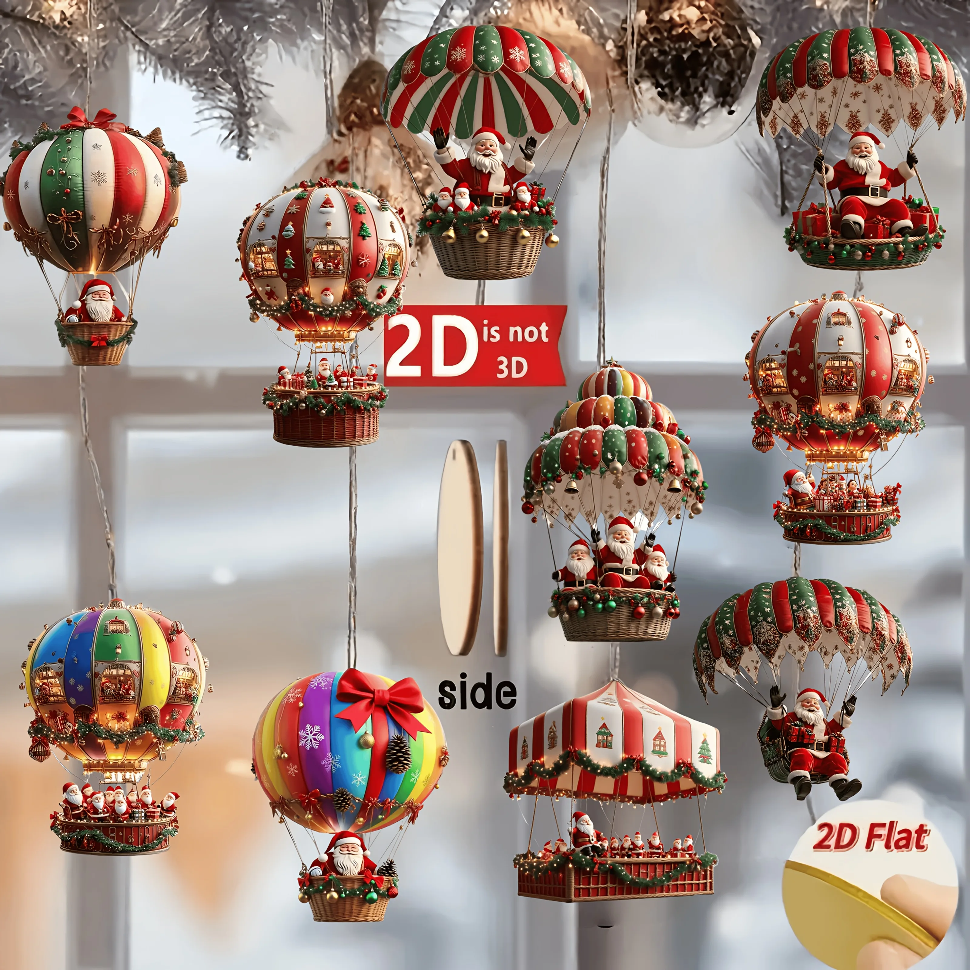Ciondolo piatto in legno 2D Palloncino ad aria calda in legno di Natale Babbo Natale Decorazione dell'albero di Natale Decorazione regalo di festa 10 pezzi / borsa
