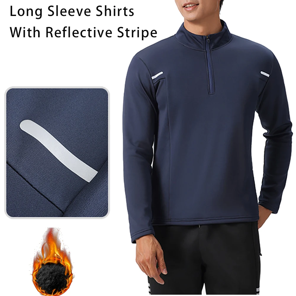 Fleece Lining Men's Running Shirts Long Sleeve Quarter Zip Pullover Workout Athletic Shirts Casual Reflective Long Sleeve Shirts